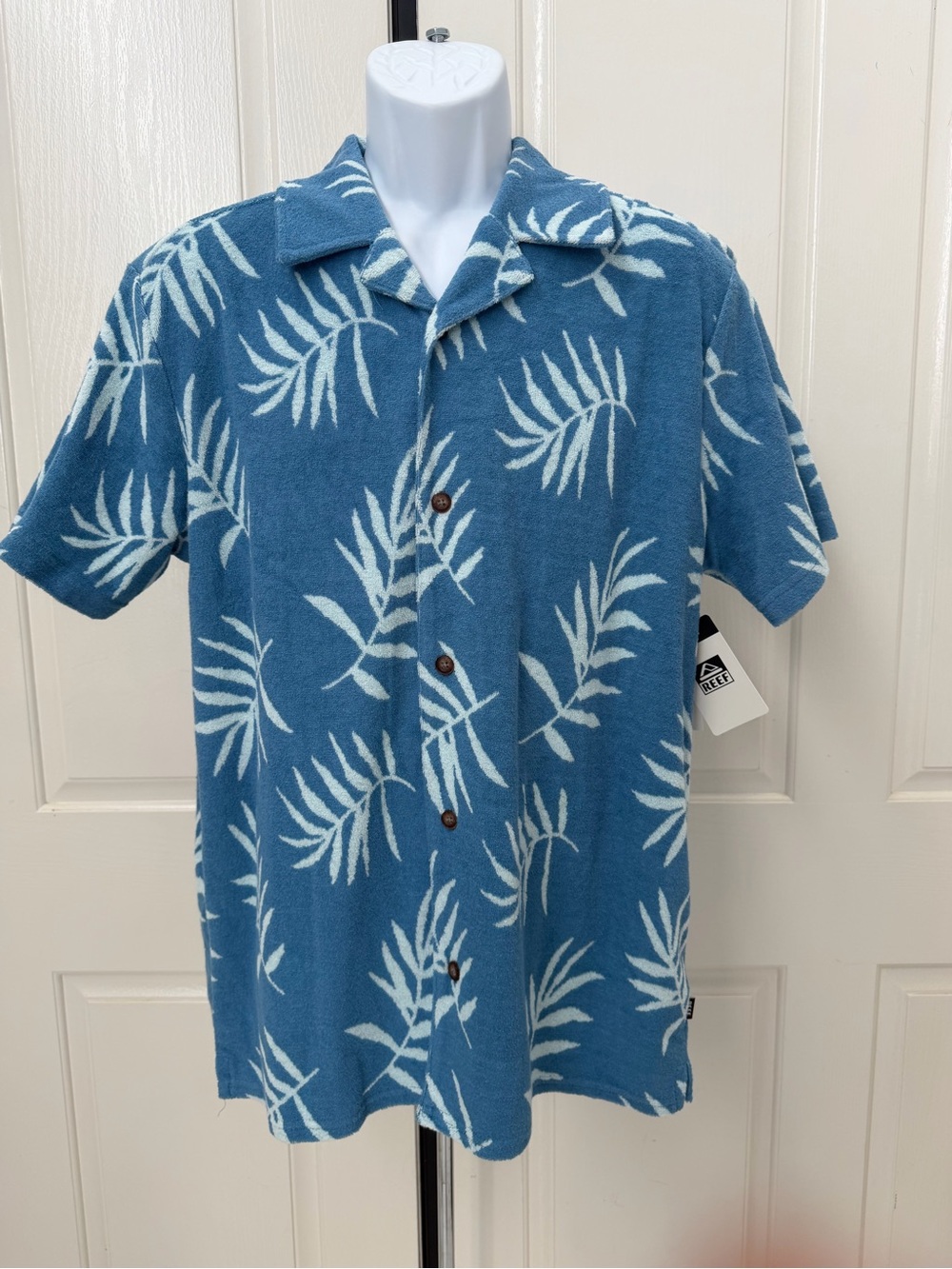 Reed Kenji Terry Knit Blue Tropical Print Short-Sleeve Button Shirt Sz M